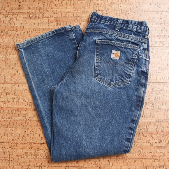 Carhartt FR Denim Jeans Mens 36x32 Blue Distressed Fire Resistant - Picture 1 of 11